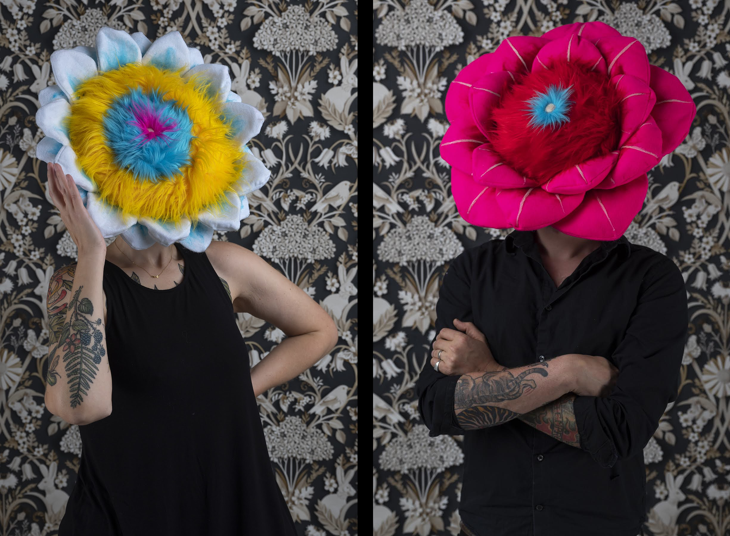 Ryan Lytle and Kristin Skees wear fiber flowers on their heads