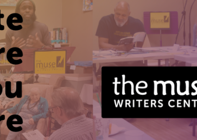 The Muse logo with a faded image in the background of people in the center reading and writing and doing various activities